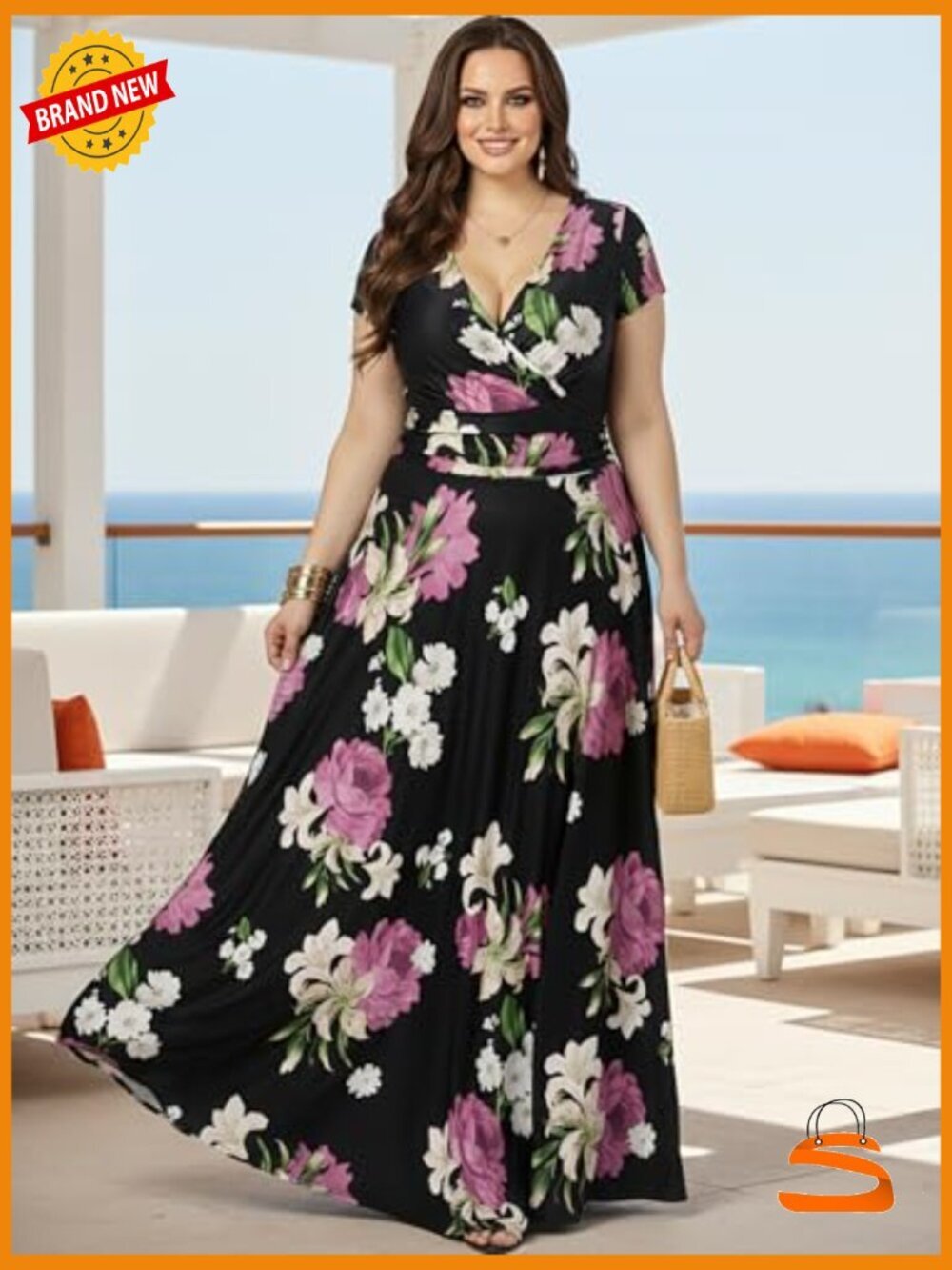Flowing Floor Length Maxi Dress with Short Sleeves V-Neck Plus Size - Picture 4 of 7